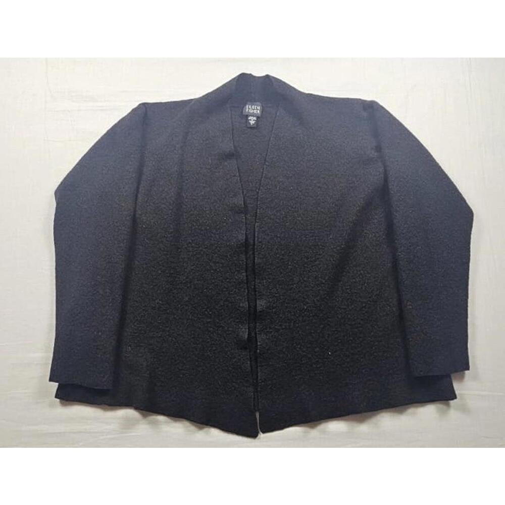 EILEEN FISHER Women's Wool‎ Asymmetrical Open Front Cardigan Black/Grey Size L